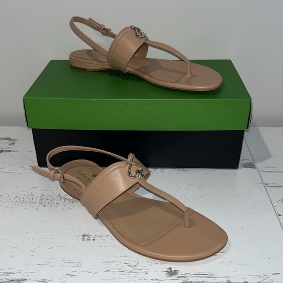 ♠️kate spade Kendra T-Strap Thong Leather Sandals, Light Fawn Tan NIB - Picture 7 of 14